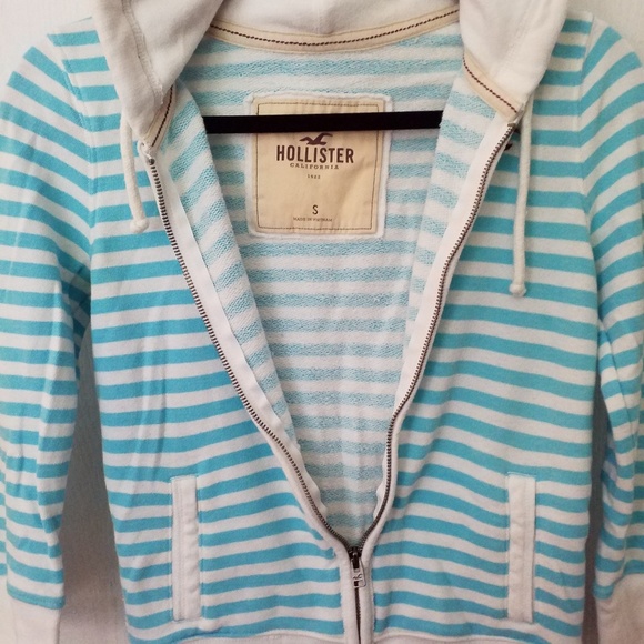 Hollister Jacket Hoodie Size Small Terry zip Pockets Blue/White Stripe - Picture 5 of 6